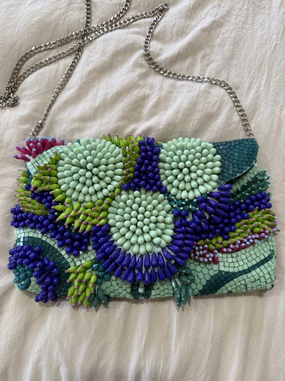 Beaded Floral Mint & Blue Evening Clutch with Chain